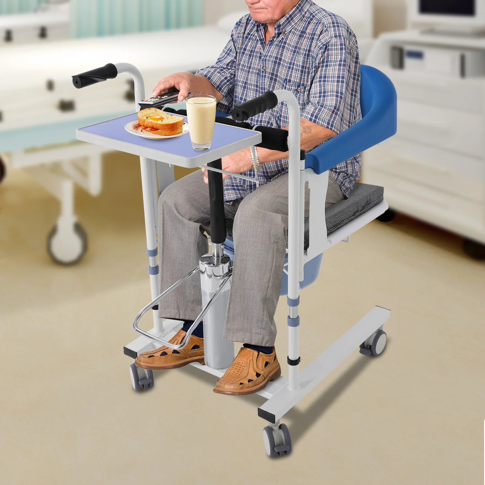 Hydraulischer Patientenlifter-Transferstuhl mit Toilettenfunktion & Bremsen, 180 °   Toilettenlifter mit offener Rückenlehne für Senioren, höhenverstellbar mit Esstisch, 100 kg Tragkraft
