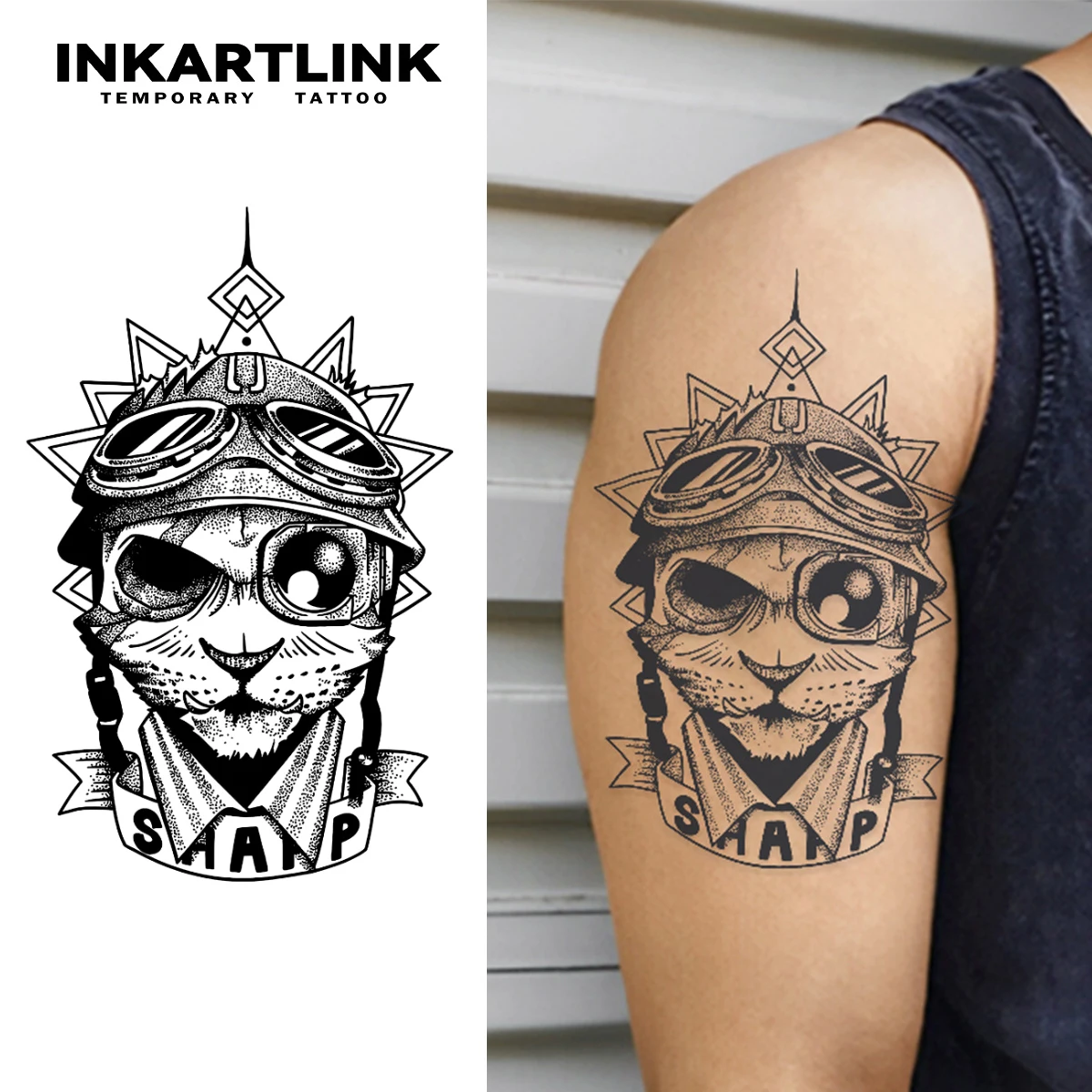 

INKARTLINK Pilot Cat Tattoo Patch 1-2 Weeks Long lasting Retro Helmet Sunglasses Design Waterproof Temporary Tattoo