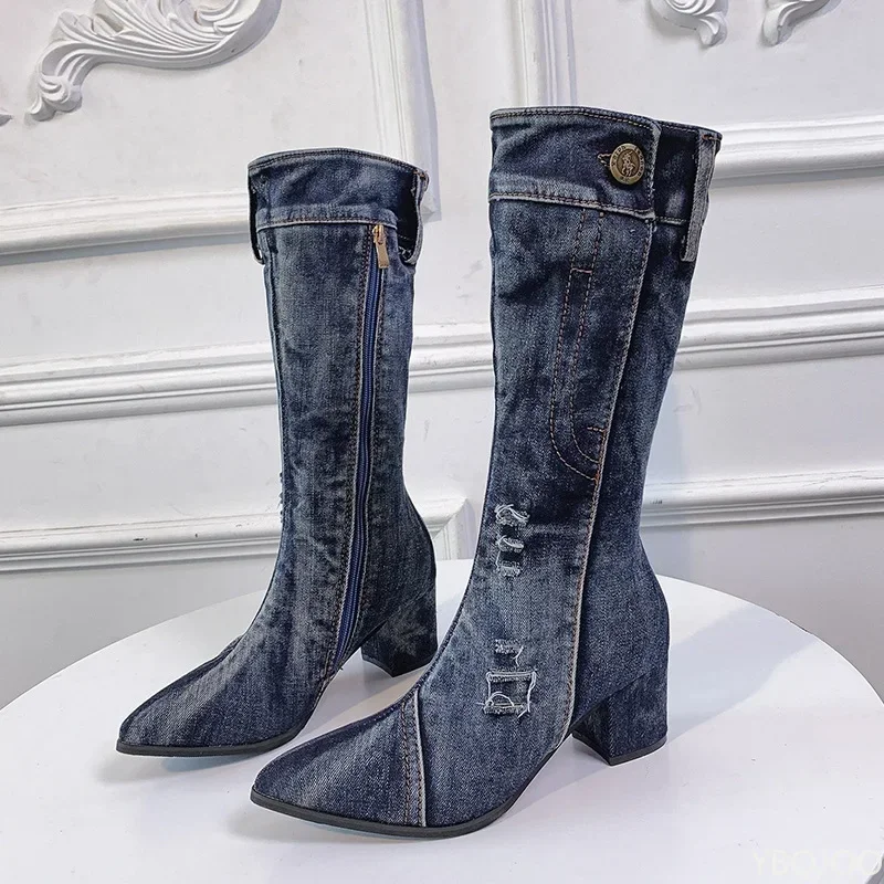 

2022 Women Chunky Denim Mid-Calf Boots Block High Heels Boots Winter Fashion Cowboy Western Boots thick heels shoes