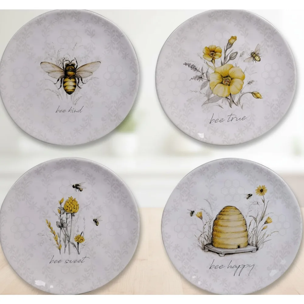

Bee Sweet 8.5" Ceramic Salad Dessert Plates Set of 4, Cottagecore Floral Designs with Uplifting Sayings for Spring Brunch Dining