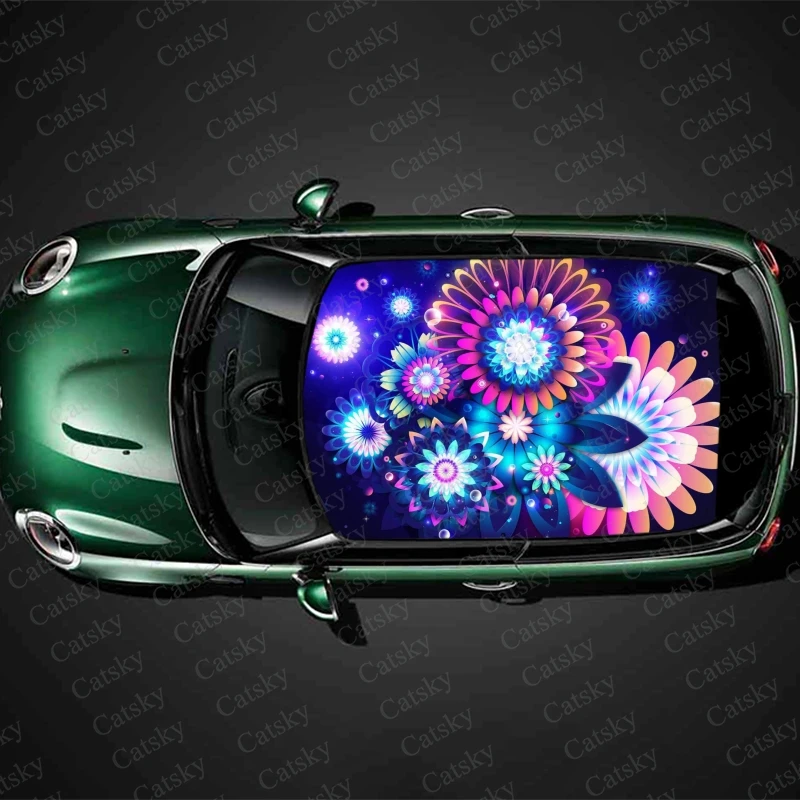 Neon Abstract Flower Car Roof Sticker Wrap Racing SUV Accessories Packaging Painted PVC Custom Car Hood Graphic Decal Decoration