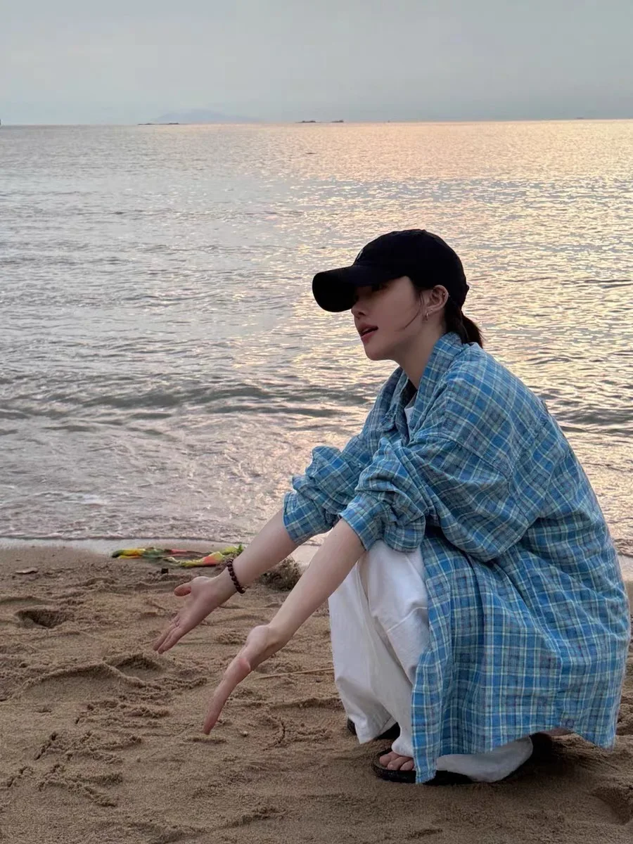 American Sle Long Sve Plaid irt ex Loose Vintage Freened up Primavera Estate Fibra di poliestere Abbigliamento casual