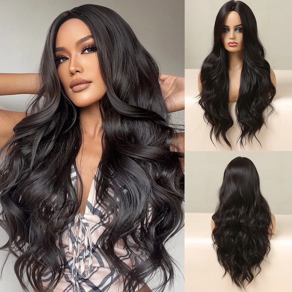 

Dark Brown Black Long Body Wave Synthetic for Women Middle Part Natural for Daily Cosplay Party Heat Resistant Wigs