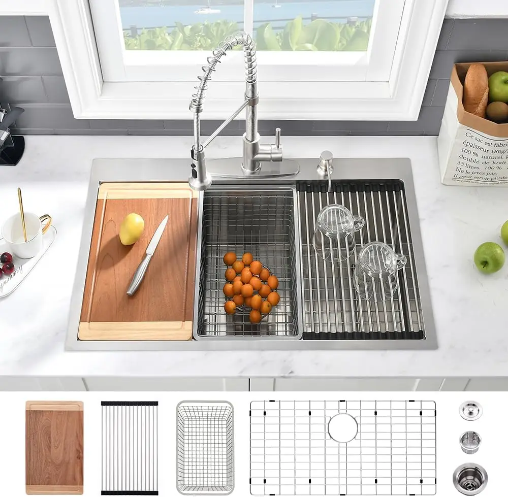 

33' Drop-In Kitchen Sink Workstation, 16-Gauge Stainless Steel Deep Single Bowl with Cutting Board