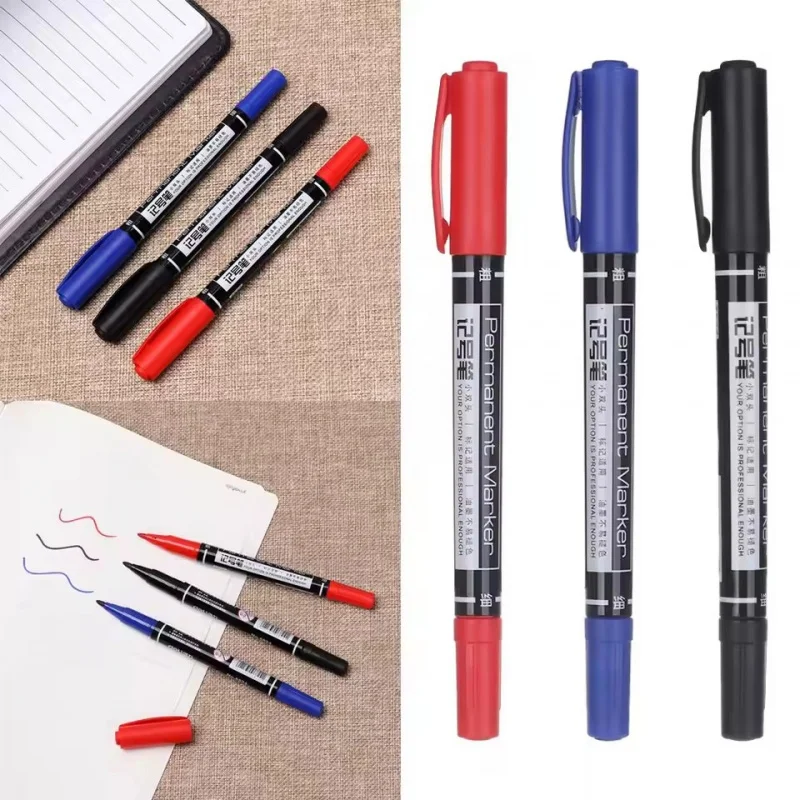 1-4Pcs Twin Tip Black/Blue/Red Oil Marker Pen 0.5/1mm Double Headed Permanent Art Marker Pen Stationery School & Office Supplies