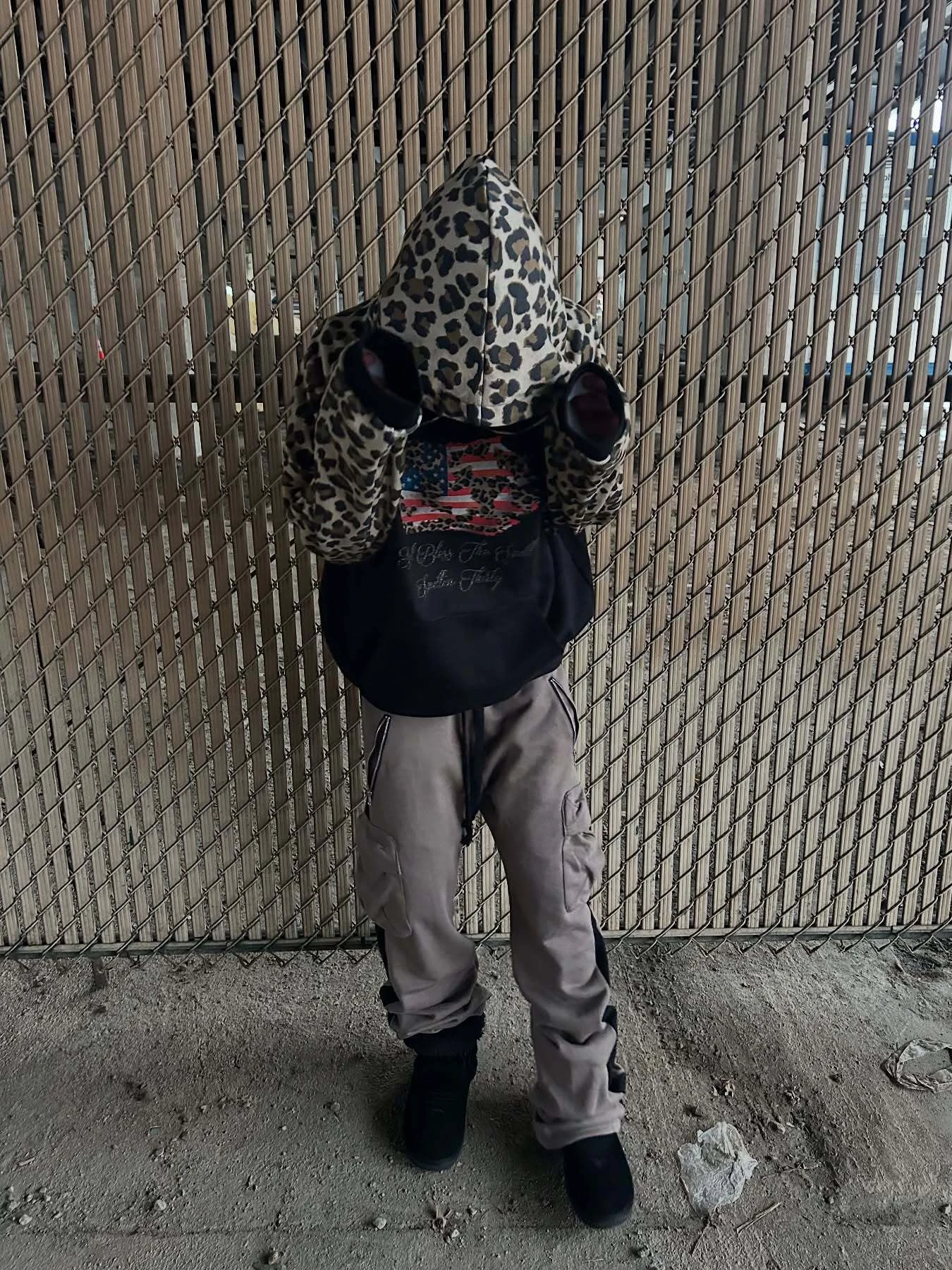 Sudadera con Capucha de Manga Raglán Oversize con Hombros Caídos, Estampado de Leopardo y Bandera, Parches en Contraste, para Hombre, Estilo Urbano, Skate, Uso Diario