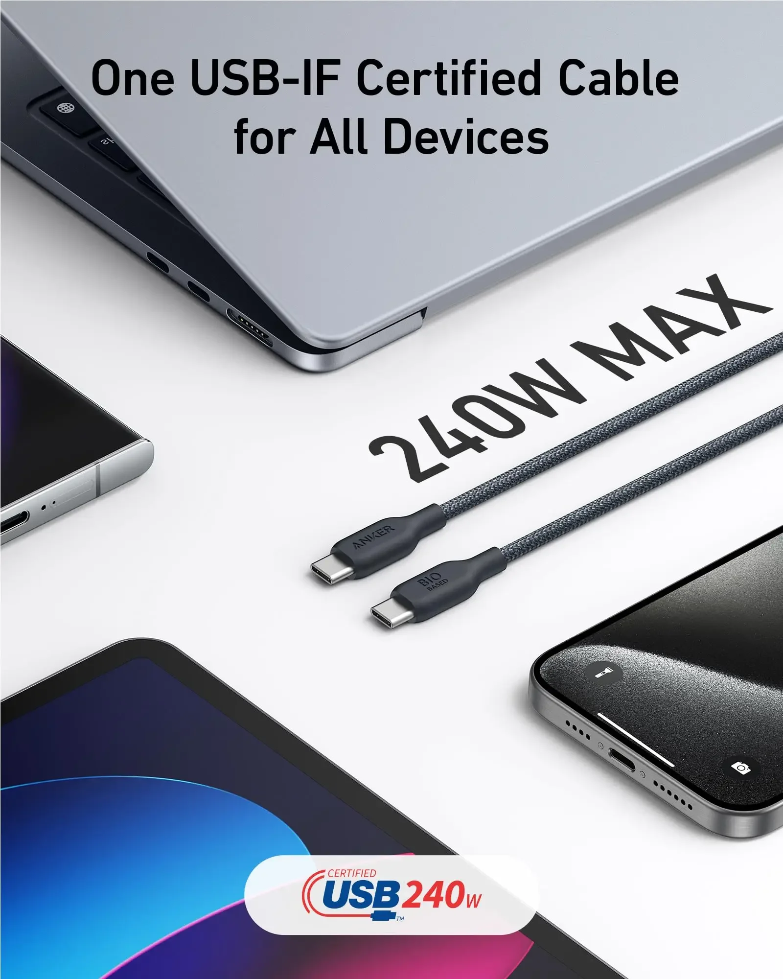 كابل Anker USB C إلى USB C (240 وات، 3 قدم)، كابل شاحن مضفر حيوي، شحن سريع لهاتف iPhone 15/15 Pro، MacBook Pro 2020، iPad Pro