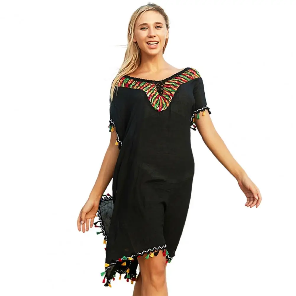 

Bikini Cover-up Tassel Short Sleeves Loose Above Knee Length Sunscreen V Neck Batwing Sleeve Women Beach Dress