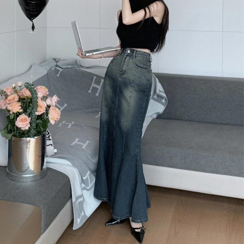 

Distressed Ruffles Bodycon Sexy Mermaid Long Skirt Fashion Girl Vintage Denim Maxi Skirt Women Korean Style High Waist