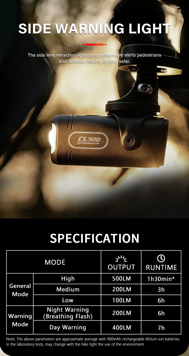 TOWILD CL500 Bicycle Lights Intelligent Mini Bike Light 500 Lumens Cycling Front Lamp Ipx6 Compact Headlights Bicycle Flashlight