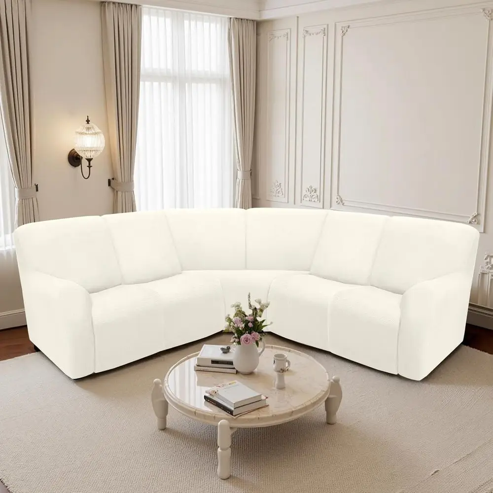 غطاء أريكة مقطعي قابل للغسل بـ 5 مقاعد، غطاء أريكة قابل للتمدد على شكل حرف L للكرسي، غطاء كريمي صديق للكلاب #2