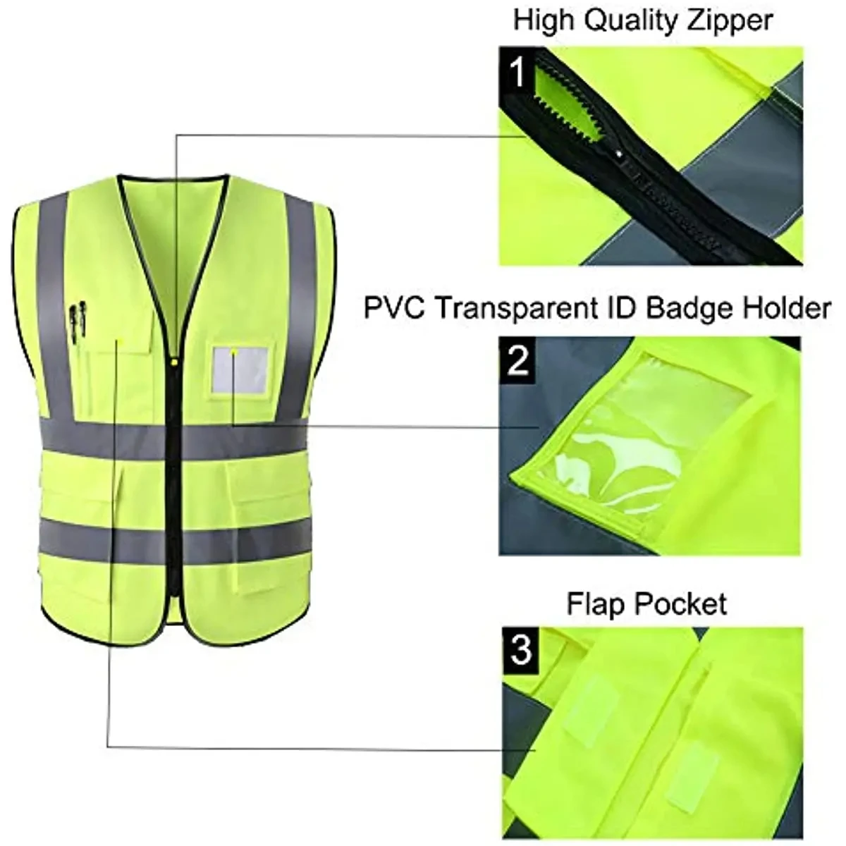 

High Visibility Reflective Safety Vest with Pockets and Zipper Front, Neon Yellow, Meets ANSI/ISEA Standards