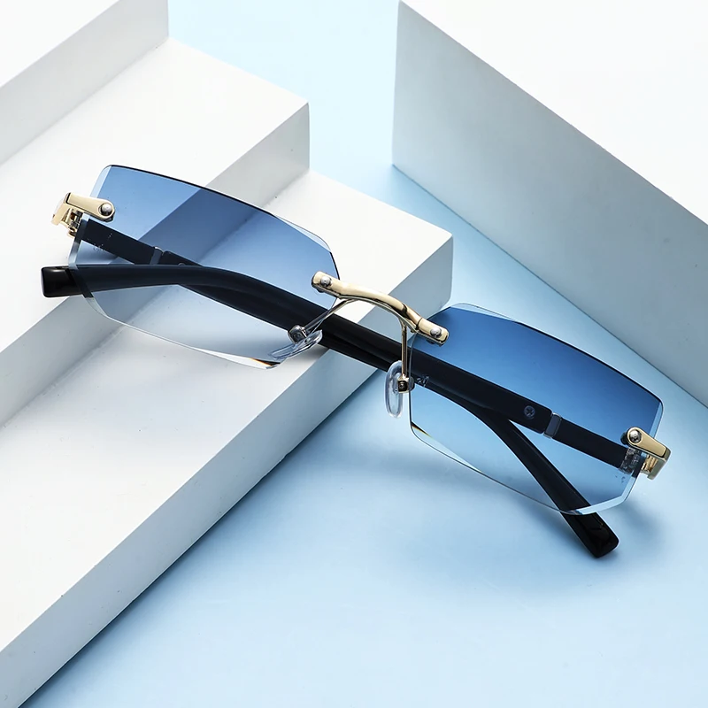 Modne okulary przeciwsłoneczne bez oprawek dla mężczyzn kobiety moda bezramowe prostokątne okulary przeciwsłoneczne Retro odcienie letnie okulary podróżne UV400