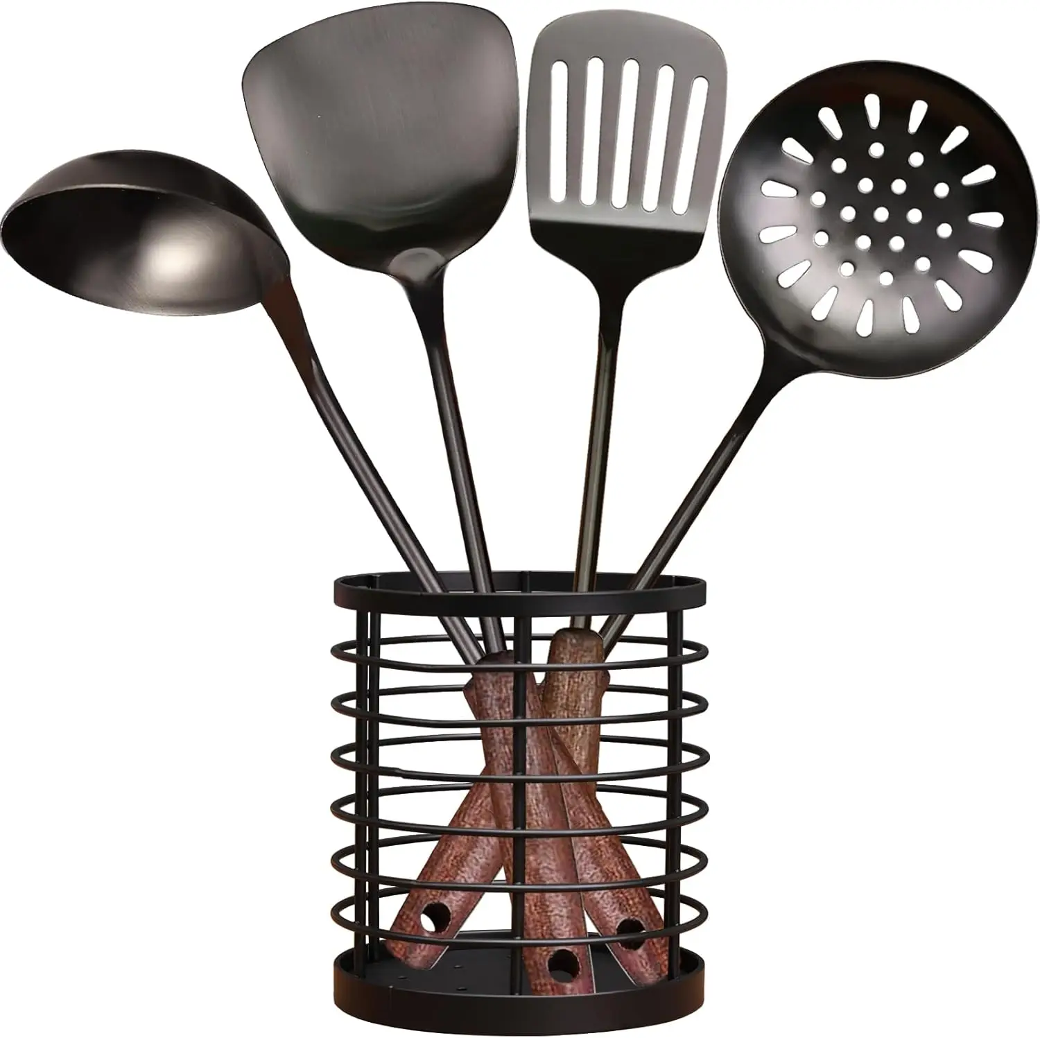 

18/10 Stainless Steel 5-Piece Cooking Utensil Set with Holder - Spatula, Ladle, Skimmer, Turner - Dishwasher Safe