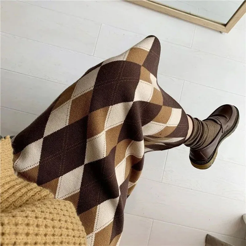 Winter Thicken Elastic Knitted Skirts for Women Harajuku Vintage Loose Checked Skirt Female 2025 New Street Straight Long Skirt