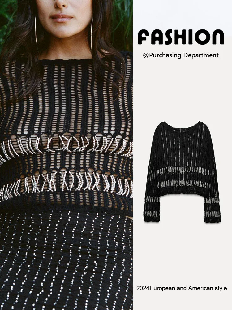 

New Women's Slim Fit Knitted Long Sve round Ne Top Autumn 2024 Commute Sle Faionable Trendy Net Eye Bead Design
