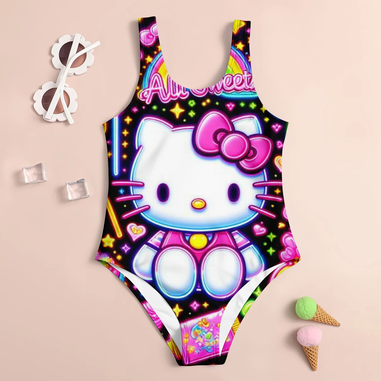 MINISO Summer Girls Swimsuit Children\'s Swimsuit 3D Printed Hello Kitty Cartoon Fashion Beach Skirt Holiday Children\'s Clothing