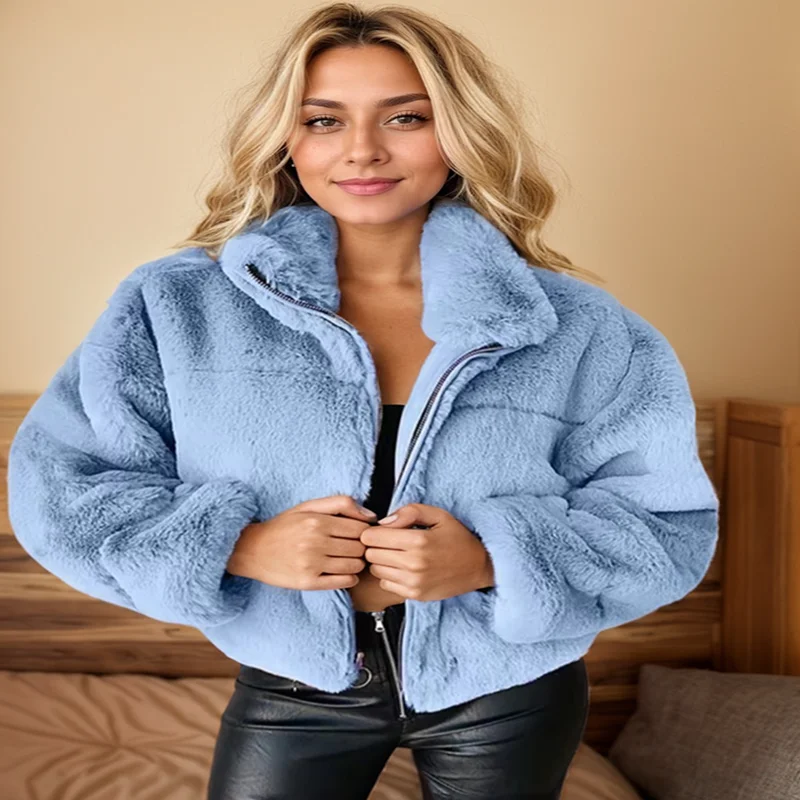 Women\'s Faux Fur Coats Elegant Solid Color Comfor Turn Down Collar Zipper Long Sleeve Jacket Fashion Plush Short Coats Female