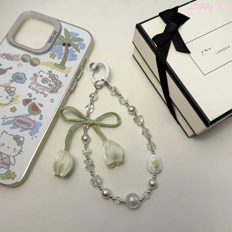 1 Piece Cute Elegant Tulip Floral Phone Lanyard Hand-Painted Alloy Crystal Pearl Design Keychain Lanyrd Bag Charm for Women