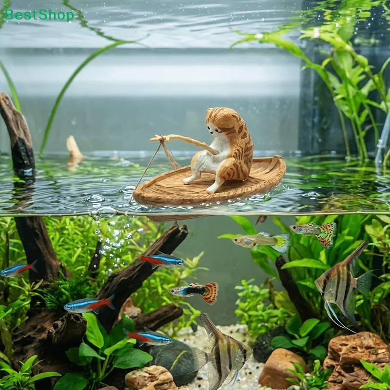 ☭ 1 Stück Hochwertiges Harz-Dekor für Aquarien, Meeres-Thema, Kreatives Katzen-Fischerboot, Aquarium-Ornament
