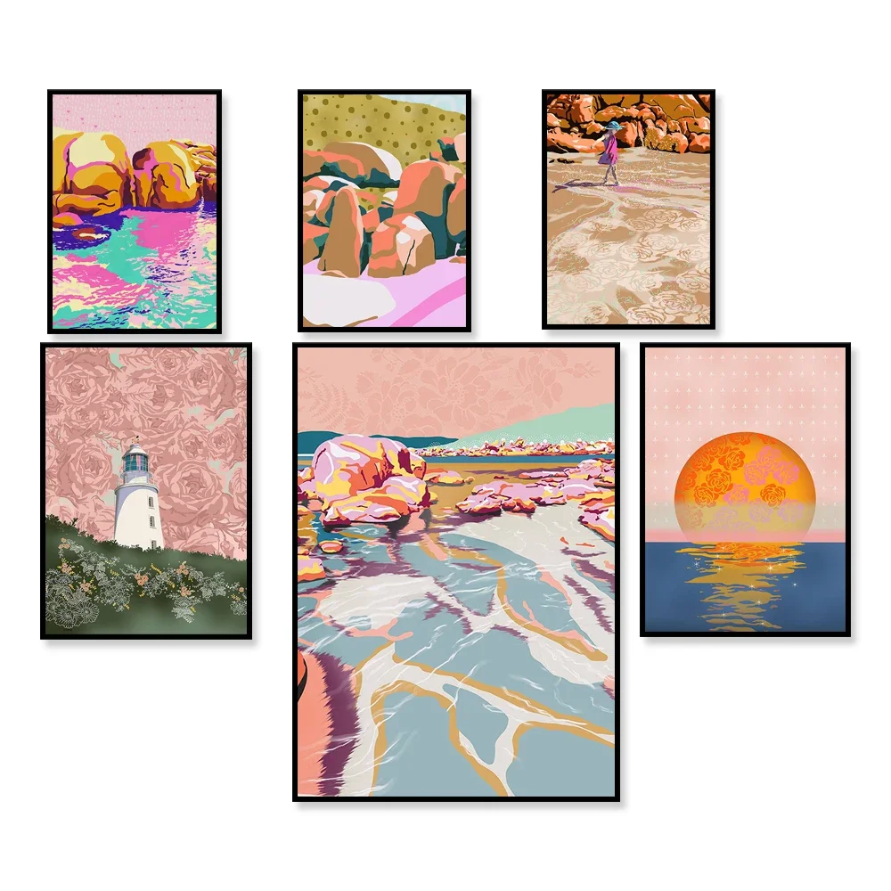 Modern beach colourful gallery wall prints -  pastel pink yellow illustrations - Retro bright artwork maximalist wall art