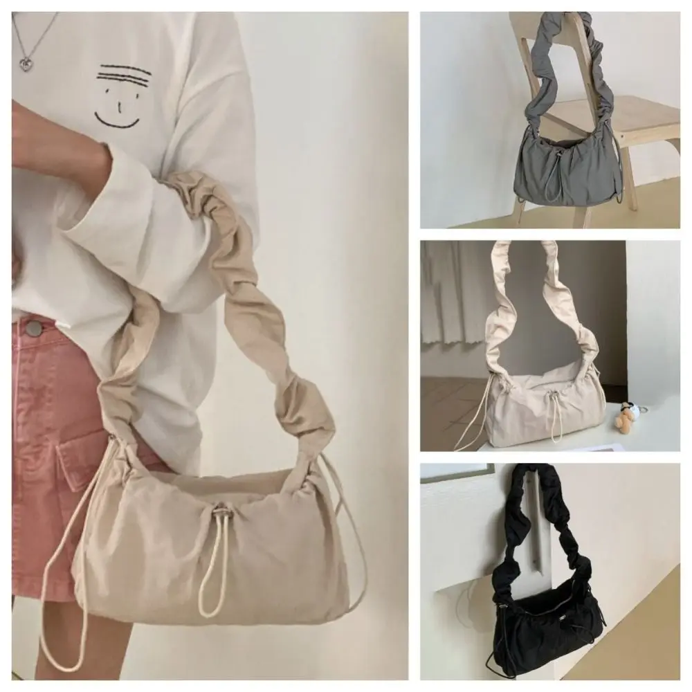 

Fashion Drawstring Pleated Shoulder Bag Y2K Solid Color Cloud Crossbody Bag Handbag Korean Style Nylon Underarm Bag School