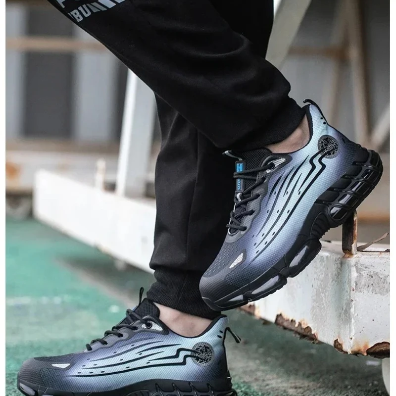 남성용 안전화 에어 쿠션 작업 부츠 안전 강철 발가락 신발 미끄럼 방지 펑크 방지 경량 보호 신발