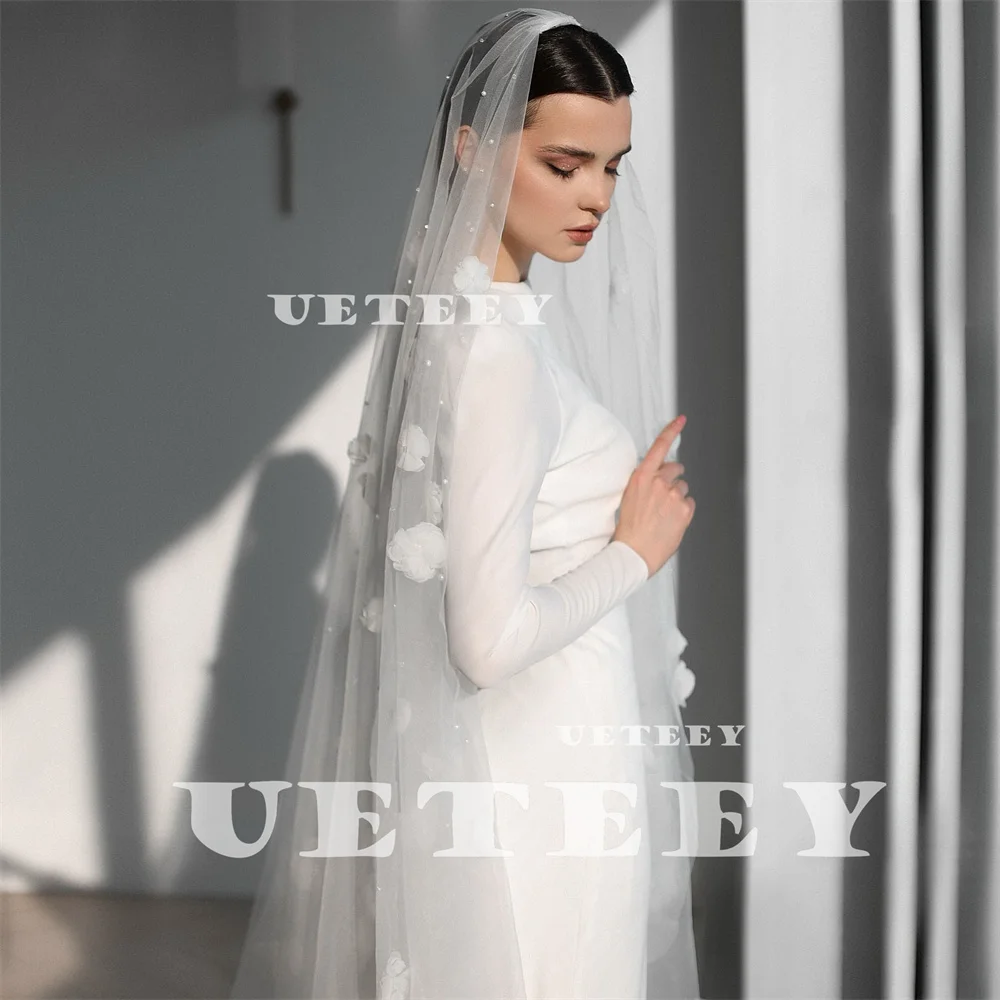 UETEEY Customized Muslim O Neck Long Puff Sleeves Crepe Mermaid Wedding Dress Women Zipper Back Floor Length vestidos de novia