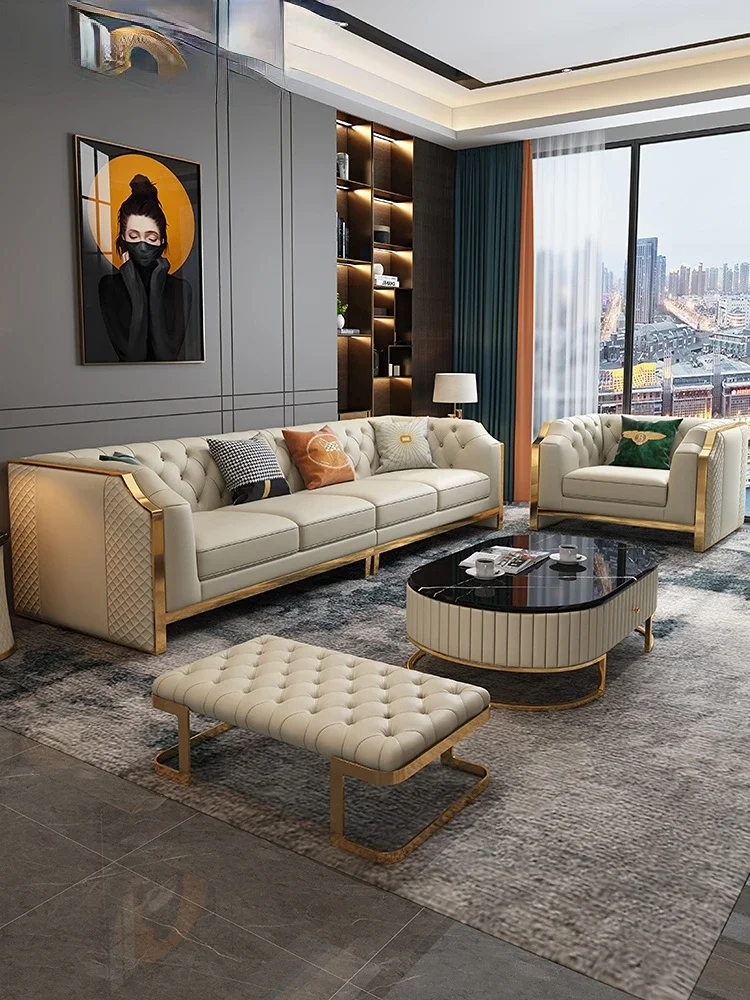 Light luxury leather sofa head cowhide living room high-end atmosphere modern simple small apartment combination