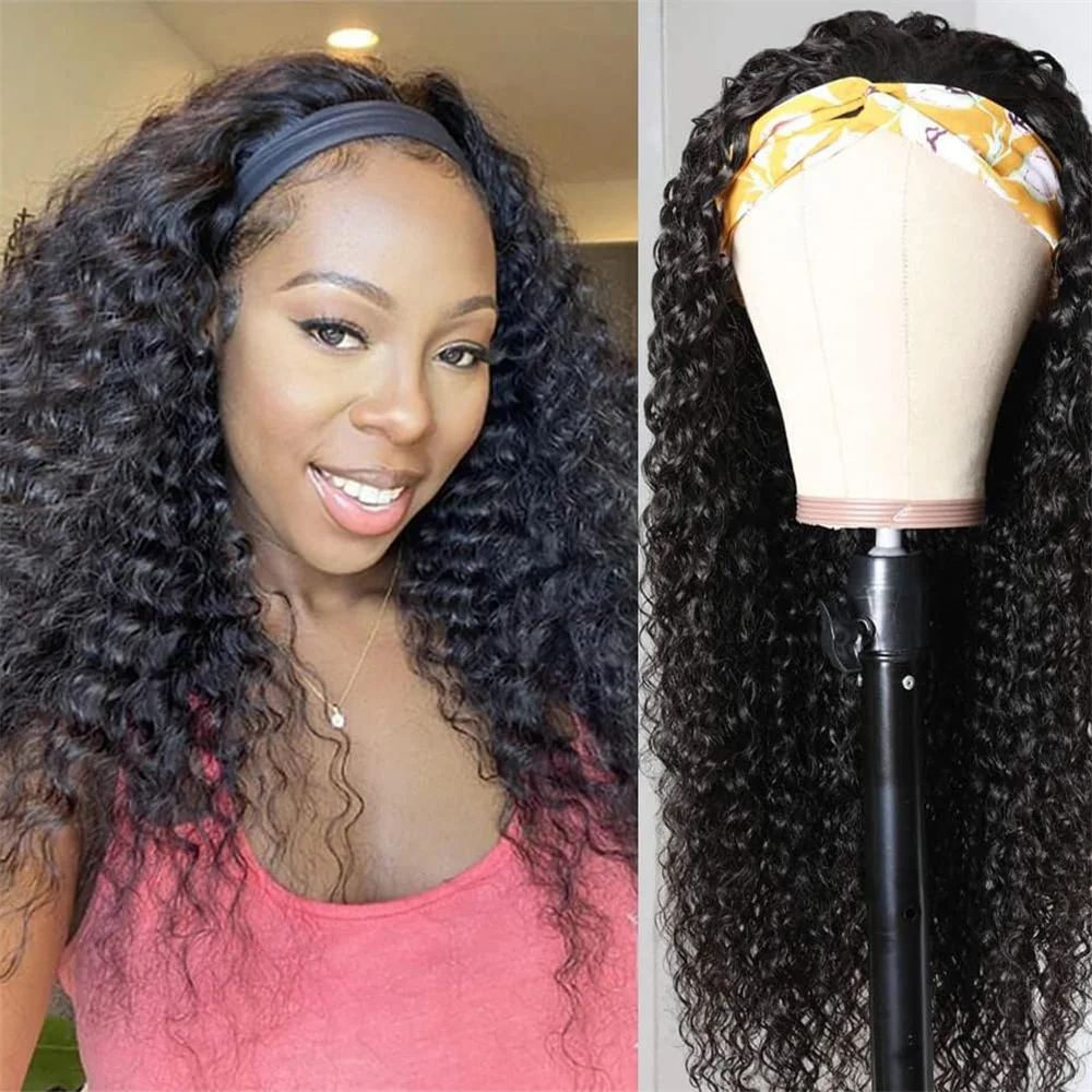 Headband Wig Human Hair Kinky Curly Human Hair Wigs for Black Women Machine Made Headband Human Hair Indian 180% Density