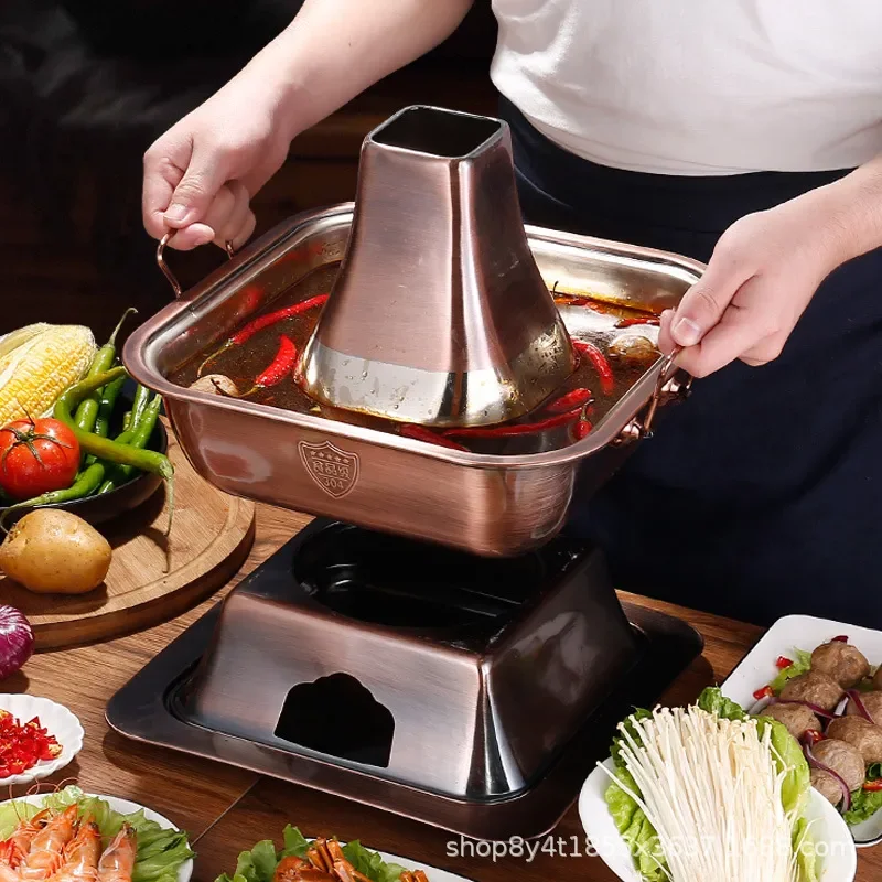 Square old Beijing copper hot pot commercial household extra thick imitation copper pot outdoor burning charcoal hot pot