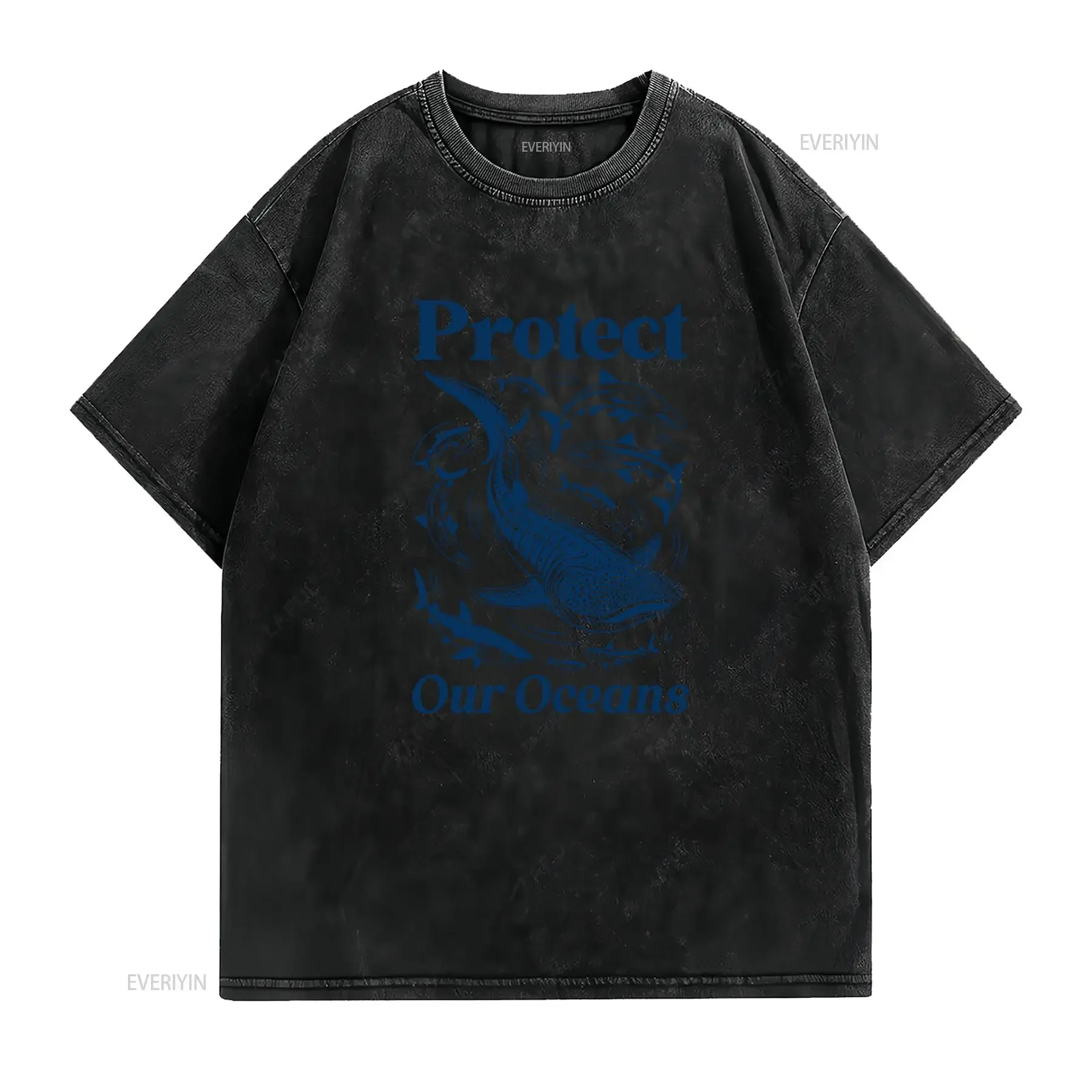 Eco Friendly Protect Our Oceans Shark Marine Life Line Art Print Casual T Shirt vintage Washed Breathable homme Slightly Soft