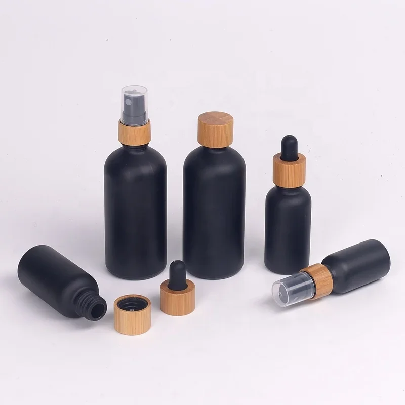 100pcs matte black glass bottles 15ml 30ml 50ml 100ml UV glass cosmetic bottles serum bottle with 18 mm treatment pump