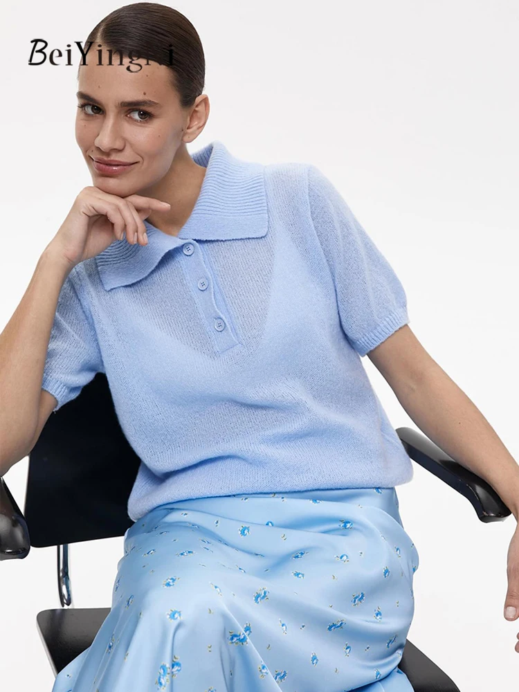 Beiyingni Elegant Commute Knitted Tshirts Women 2026 Summer Polo Collar Tops Ladies Fashion Chic Solid Color Hollow Out T-shirt