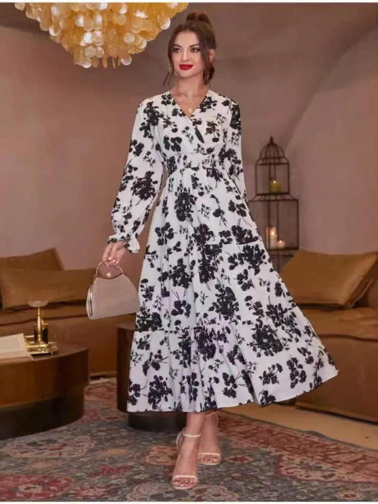 Autumn Women's New Sexy V-neck Fashionable Printed Cake Long Sleeves Medium To Long Length Casual Comfortable Dress