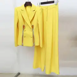JAMERARY-traje de dos piezas con cadena de diamantes para mujer, conjunto de chaqueta ahuecada amarilla, pantalones de pierna ancha, pantalones largos, trajes de cintura elástica