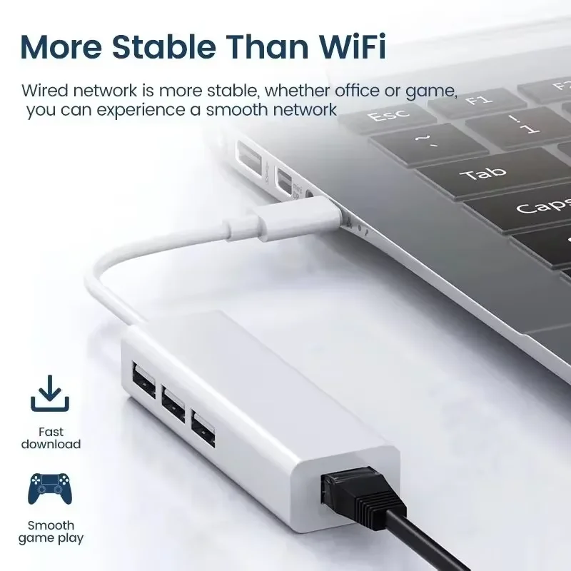 100Mbps USB C Network Card USB To RJ45 Ethernet Lan Adapter 4 in 1 USB 2.0 Type C Hub Splitter Adapter for MacBook PC Computer