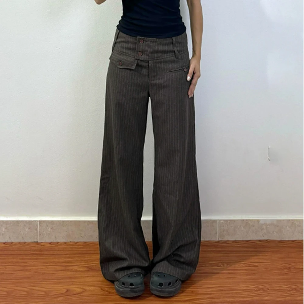 

Элегантные винтажные костюмные брюки по индивидуальному заказу для женщин, комплекты черных брюк в полоску с широкими штанинами, умная повседневная облегающая женская одежда для повседневной жизни