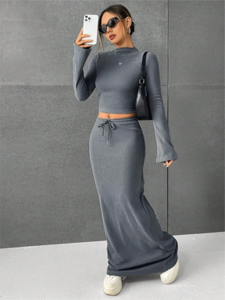 

Fashion Sexy Lace Up Slim Two Piece Sets Autumn Winter New Solid Round Neck Long Sleeve Short Top Elastic Waist Long Skirt Set