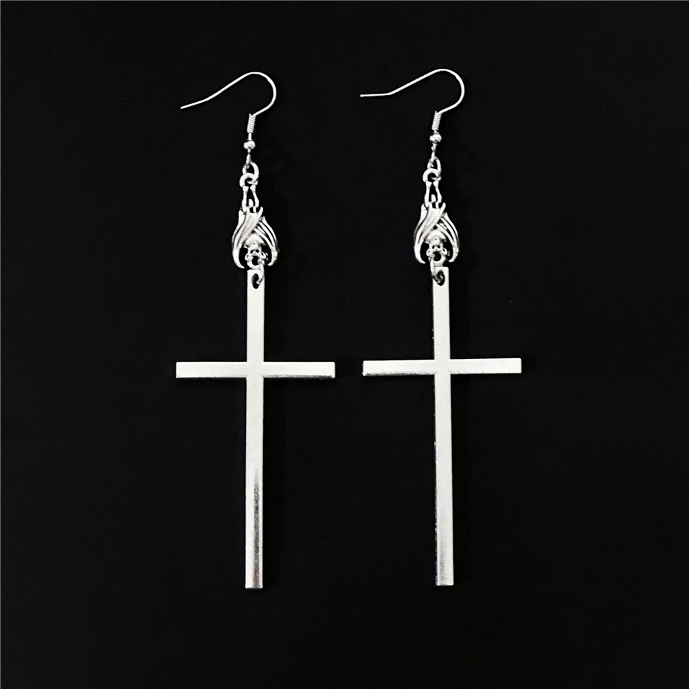 A PAIR OF DANGLY TIBETAN SILVER CROSS Bat CRUCIFIX GOTHIC Hand EARRINGS jewelry