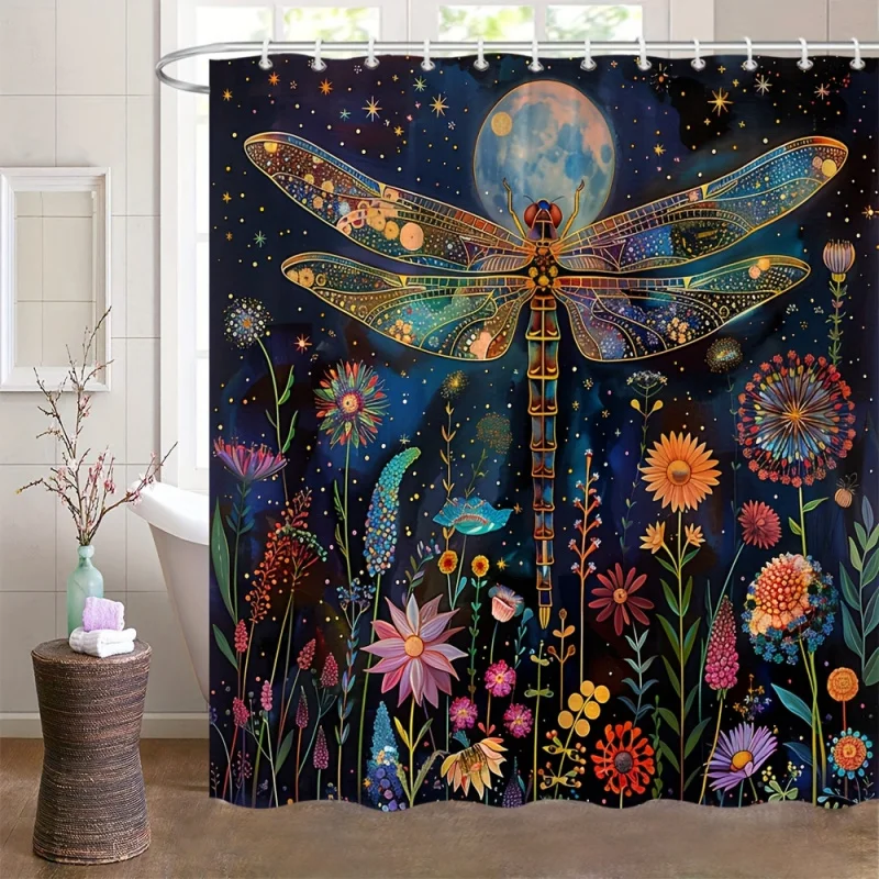 Bohemian Mystical Moon Phase Dragonfly Shower Curtain with Vintage Floral Sunflower Illustrations, Washable Polyester Bath Curta