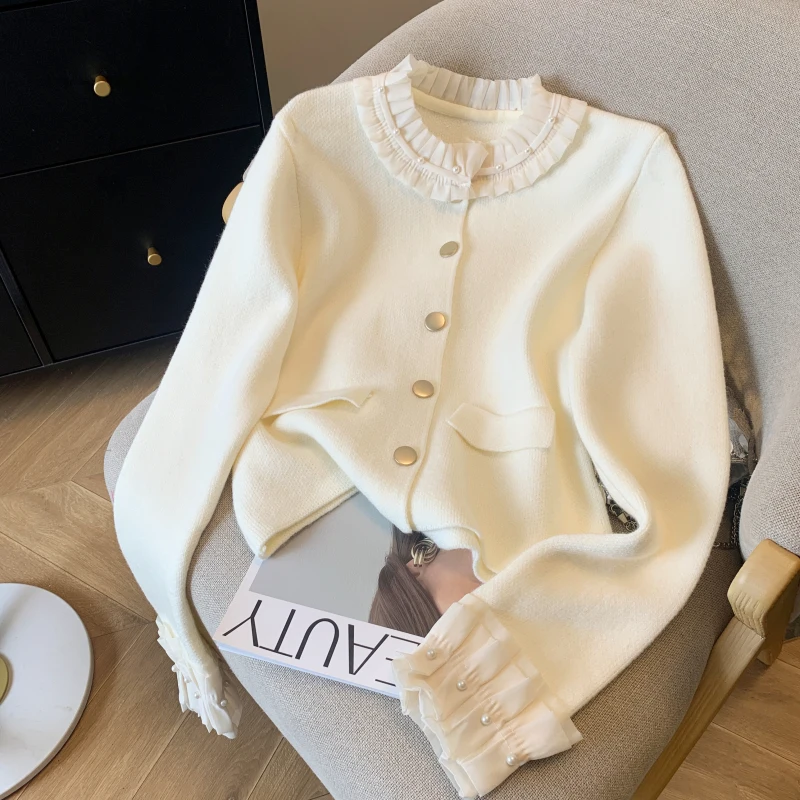 2024 Spring French Sweet Splicing Lace Beaded Sweater Women\'s Small Fragrance Knitwear Sweaters Coat for Women cropped cardigan