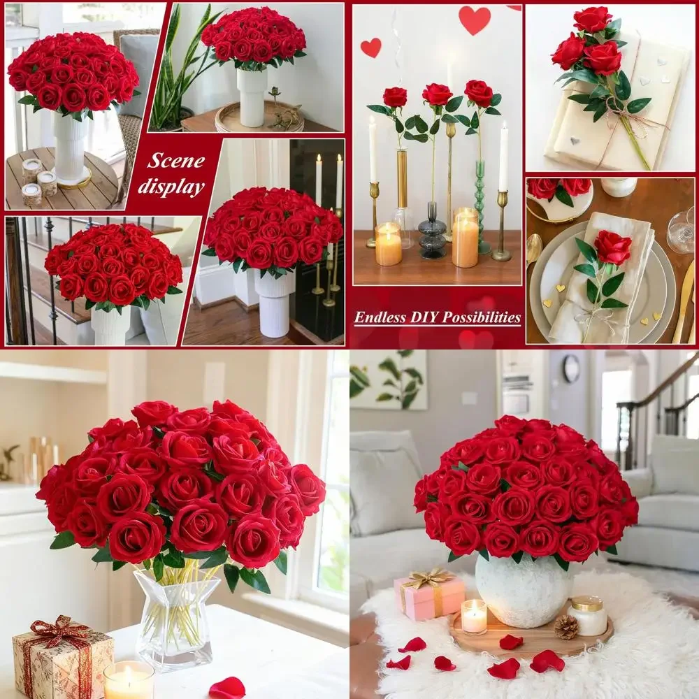 

50 шт. красные розы, искусственные цветы, искусственные розы с стебельми, реалистичные шелковые розы для свадебных букетов своими руками, столы, центральные элементы Arr