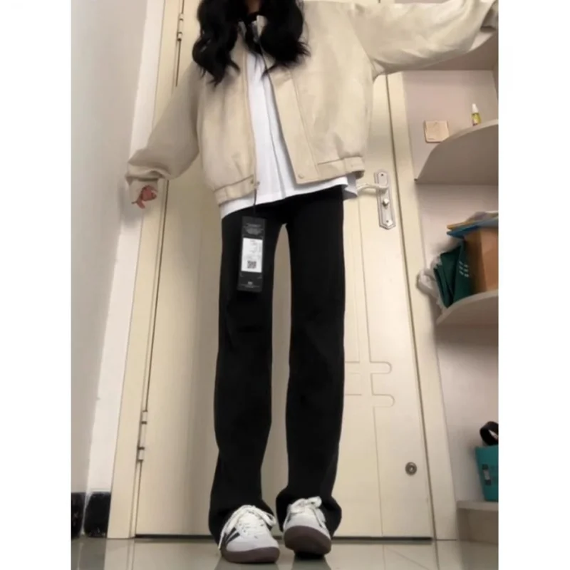 

American Streetwear Black Slim Straight Jeans for Women Summer Lightweight High Waisted Drapey Petite Wide Leg Floor LengthPants