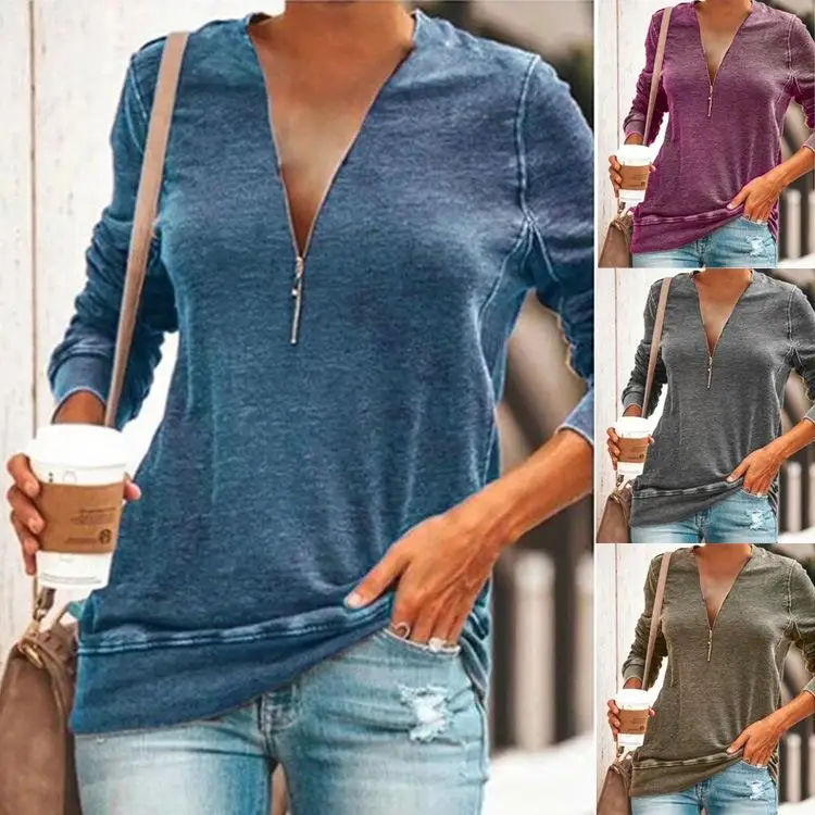 تي شيرت نسائي طويل من Street Sle بياقة سحاب وياقة مقسمة فضفاضة من مزيج القطن والبوليستر لون الشتاء #4