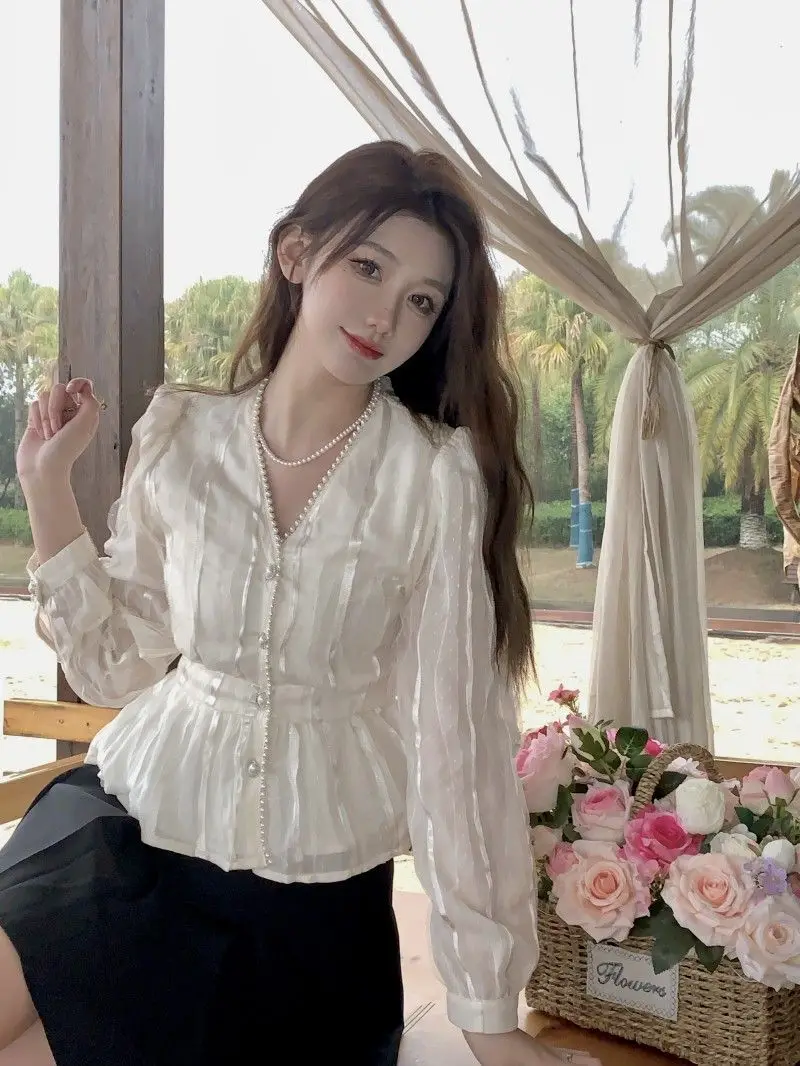 

Chic Shirt Women 2025 Spring Chiffon Long Sleeve Pearls V Neck Waist Crop Top Elegant Slim Fit Versatile Button Blouse