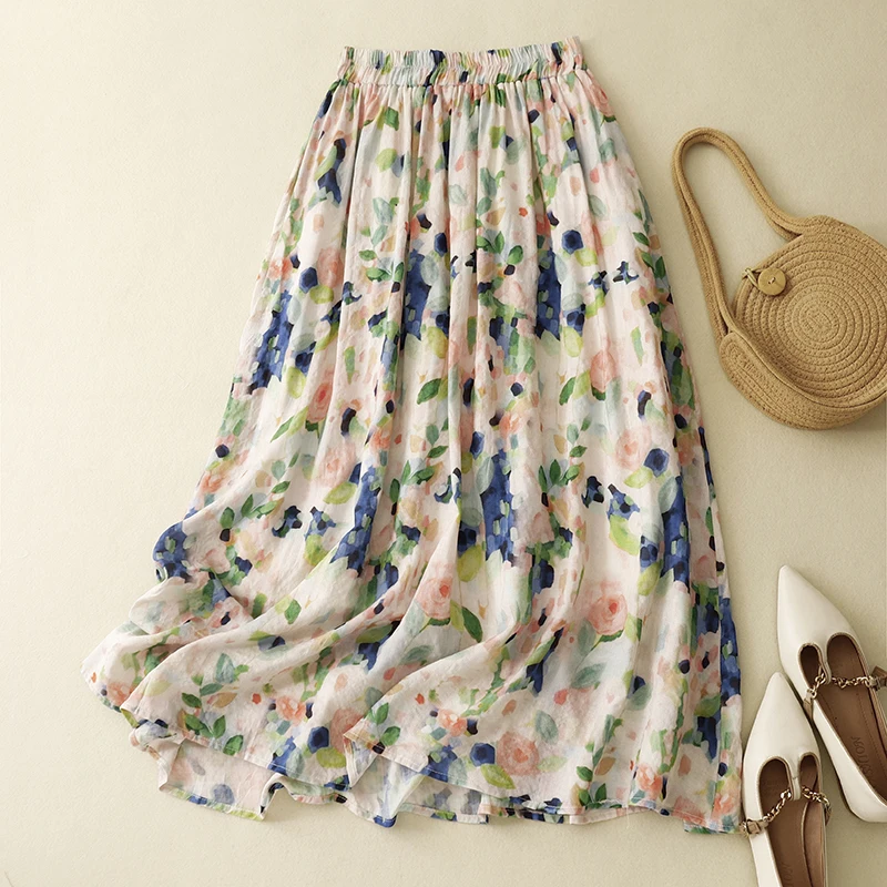 Vintage Women Skirts New Spring/summer Cotton Linen High Waist Loose Printed Chinese Style Skirt A-LINE Clothing 2024 Korean