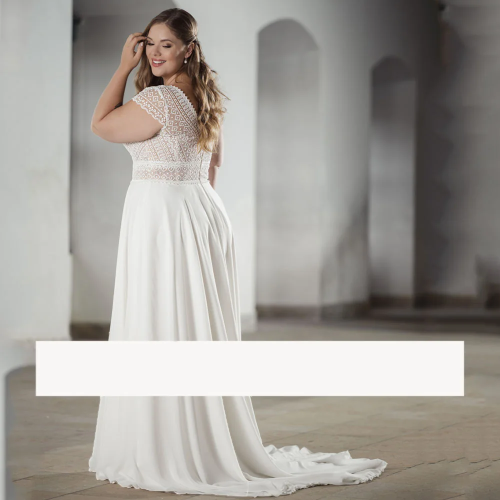 Vestido De Novia clásico De talla grande con cuello en V, manga corta, elegante, gasa, línea A, cremallera, espalda descubierta