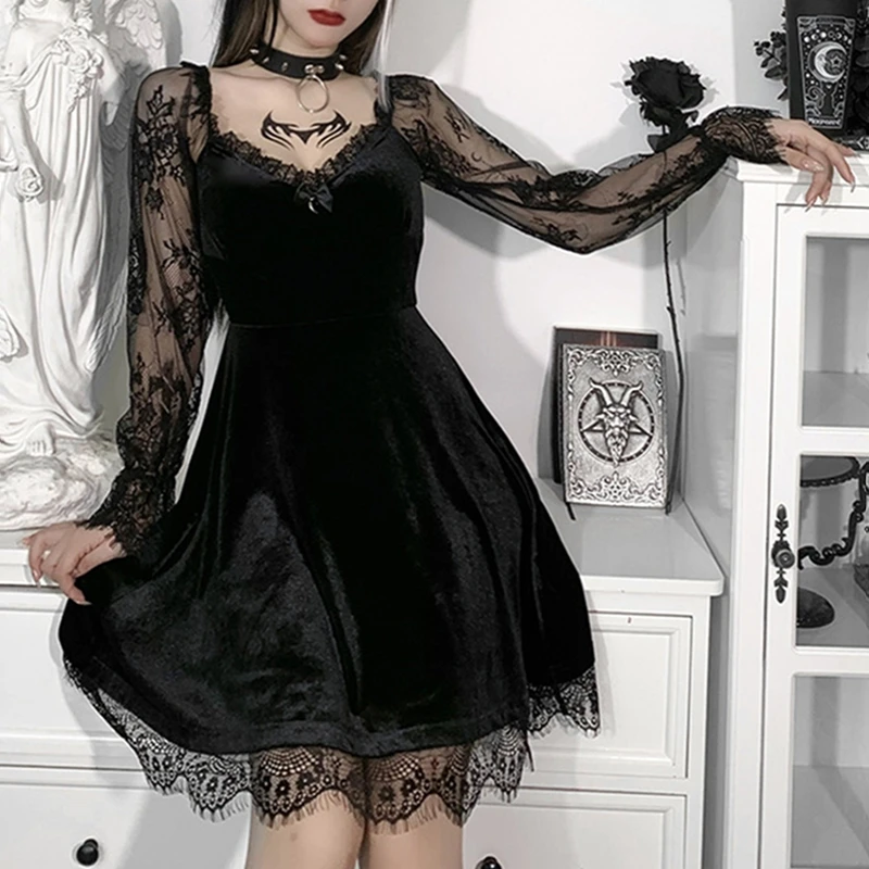 Women Dark Gothic Lolita A-line Dress Sexy V Neck Lace Patchwork Long Sleeve Ruffled Short Party Dress Y2k Streetwear Halloween