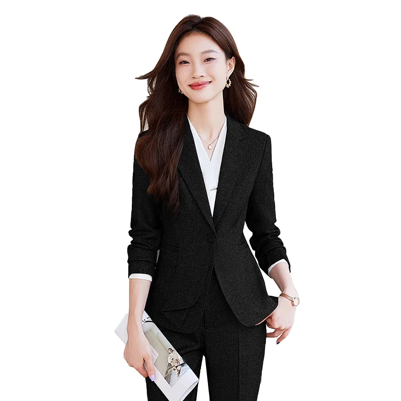 Szary komplet garniturów dla kobiet Profesjonalny sklep jubilerski Recepcja obsługi klienta Uniform roboczy Formalna elegancka marynarka
